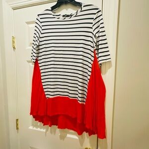 Striped Black and White Top with Orange Accents